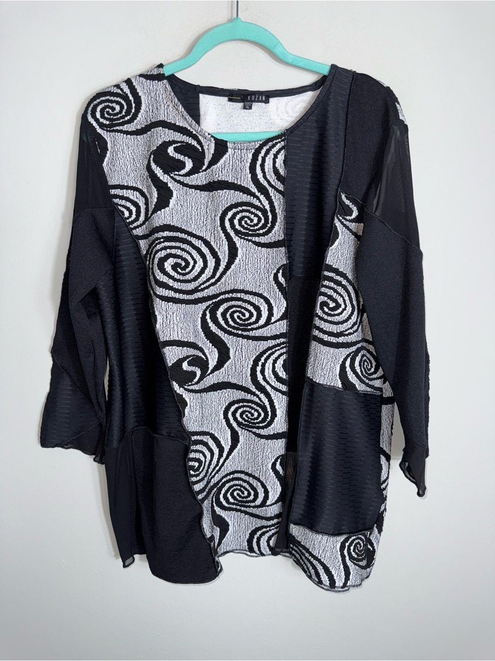 Kozan Patchwork Art to Wear Tunic Blouse-Black White-Lagenlook-Size XL